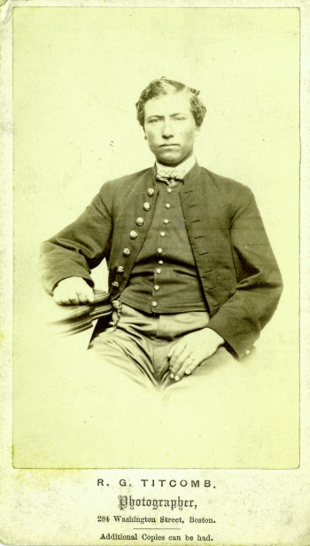 Frederick W. Damon Residence: Northampton, MA. He was an 18 year-old laborer when he enlisted on 1/24/1862 as a Private. On 1/24/1862 he was mustered into “G” Co. of the 31st Mass. Infantry. He Re-enlisted on 2/21/1864 and was mustered out on 7/9/1865. He received a promotion to Corporal on 6/11/1863. (Image courtesy of the Wood Museum of Springfield History) 